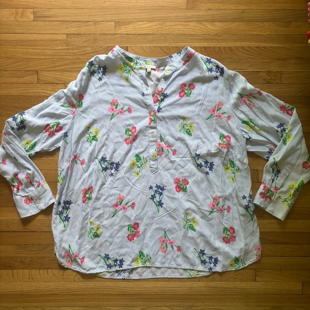 Talbots Blue White Stripe Floral Popover 1/2 Button Top‎ 1x Long Sleeve Spring